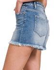 Zenana Mid Rise Raw Frayed Hem Denim Shorts