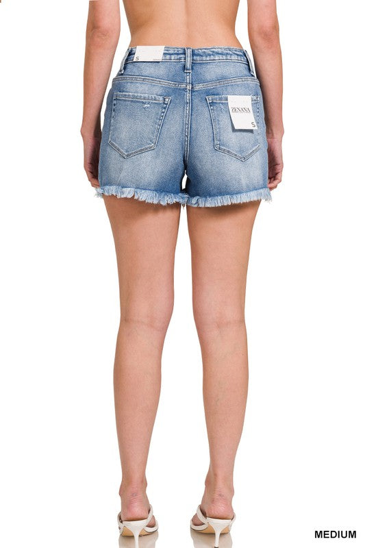 Zenana Mid Rise Raw Frayed Hem Denim Shorts