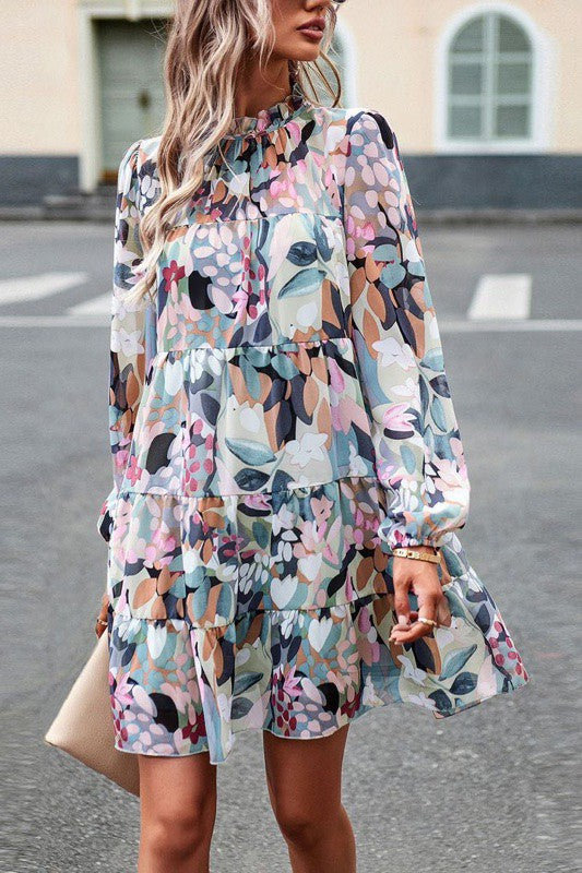 Tiered Long Sleeve Floral Dress