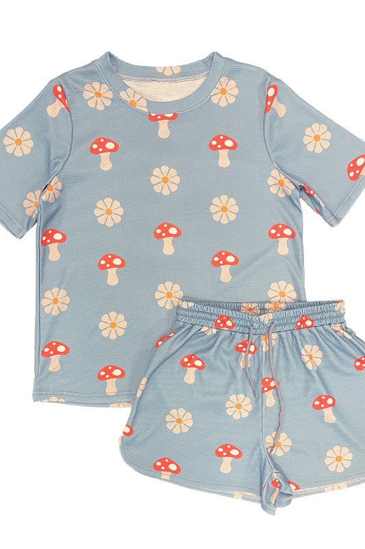 Novelty Printed Waffle Pajama and Lounge Shorts Set