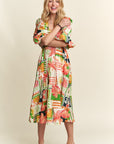 ADORA Floral V-Neck Puff Sleeve Midi Dress