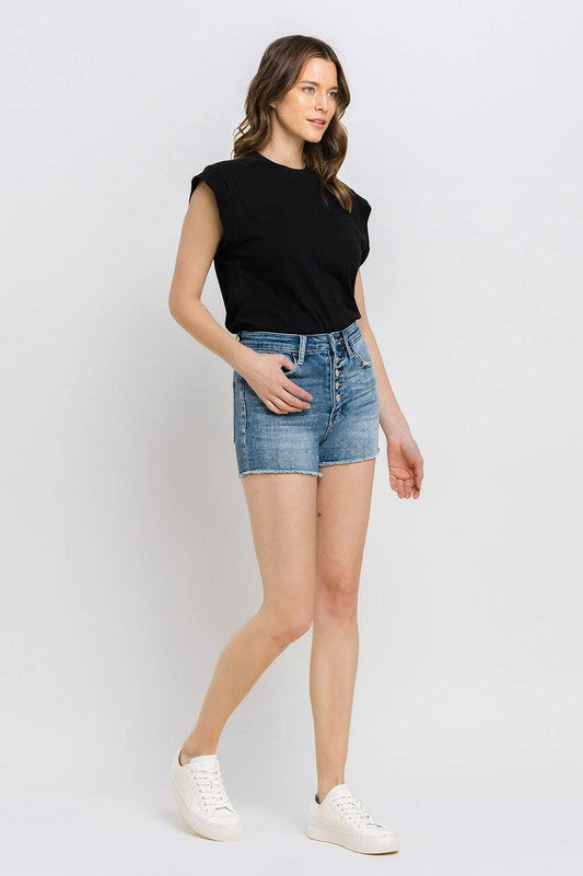 VERVET by Flying Monkey Super High Rise Button Up Stretch Shorts