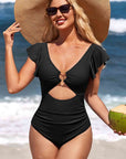 Ruffle O-Ring Cutout One Piece Bathing Suit