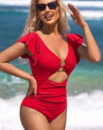 Ruffle O-Ring Cutout One Piece Bathing Suit