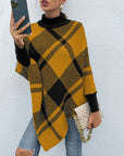 Hope Horizon Yellow Mock Neck Plaid Knit Poncho