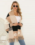 Hope Horizon Color Block Fringe Hem Batwing Sleeve Cardigan