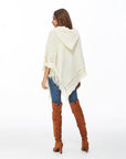 Hope Horizon White Hooded Fringe Trim Batwing Sleeve Poncho Sweater