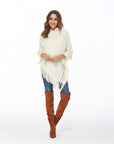 Hope Horizon White Hooded Fringe Trim Batwing Sleeve Poncho Sweater