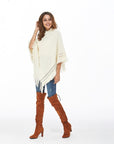 Hope Horizon White Hooded Fringe Trim Batwing Sleeve Poncho Sweater