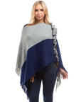 Hope Horizon Blue & Gray Fringe Trim Batwing Sleeve Sweater