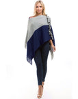 Hope Horizon Blue & Gray Fringe Trim Batwing Sleeve Sweater