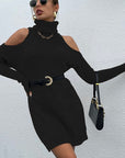 Hope Horizon Black Turtleneck Cold-Shoulder Sweater Dress