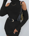 Hope Horizon Black Turtleneck Cold-Shoulder Sweater Dress