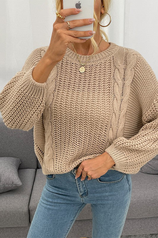 Apricot Cable Knit Drop Shoulder Sweater
