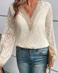 V-Neck Contrast Lace Lantern Sleeve Blouse