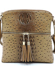 Ostrich Croc Zip Tassel Crossbody Bag