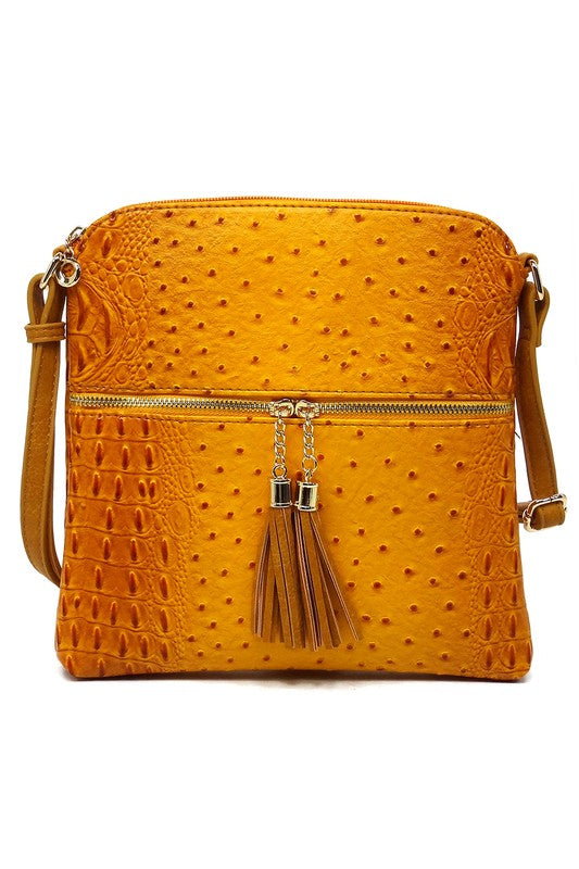 Ostrich Croc Zip Tassel Crossbody Bag