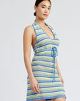 Emory Park Striped Crochet Mini Dress with Halter Neck