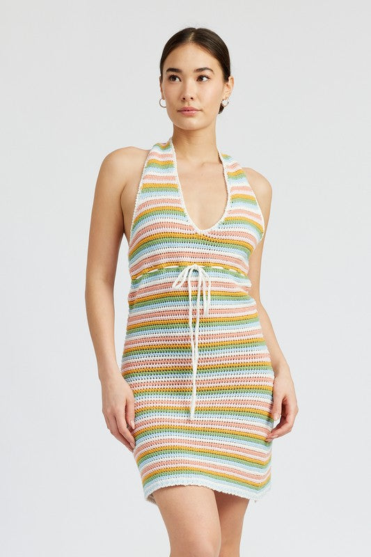 Emory Park Striped Crochet Mini Dress with Halter Neck