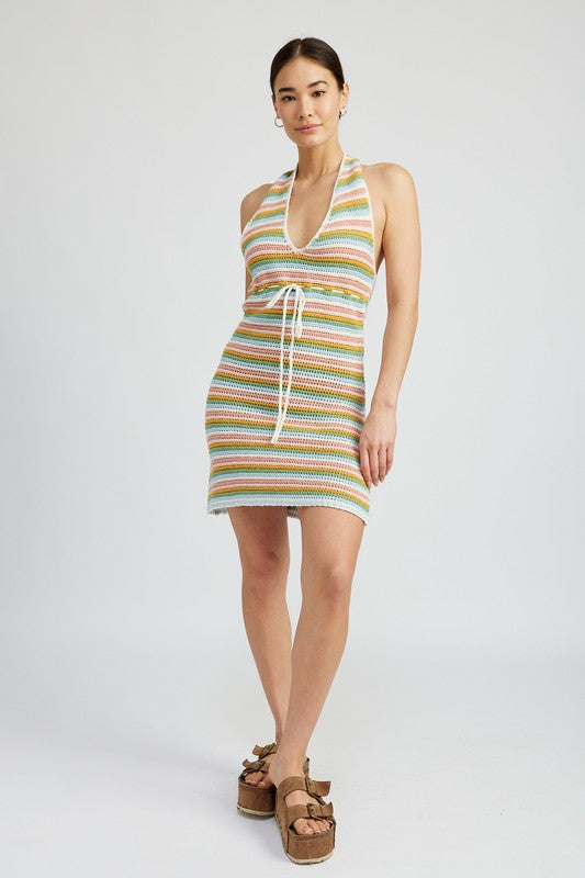 Emory Park Striped Crochet Mini Dress with Halter Neck