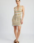 Emory Park Striped Crochet Mini Dress with Halter Neck