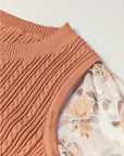 Floral Ruffle Cuff Sleeve Cable Knit Sweater