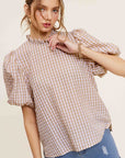 La Miel Gingham Check Print Puff Sleeve Top