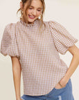 La Miel Gingham Check Print Puff Sleeve Top