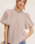 La Miel Gingham Check Print Puff Sleeve Top