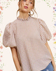 La Miel Gingham Check Print Puff Sleeve Top