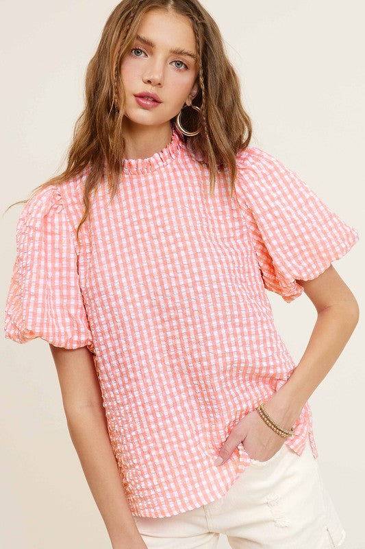 La Miel Gingham Check Print Puff Sleeve Top