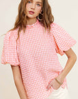 La Miel Gingham Check Print Puff Sleeve Top