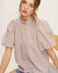 La Miel Gingham Check Print Puff Sleeve Top