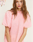 La Miel Gingham Check Print Puff Sleeve Top