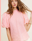 La Miel Gingham Check Print Puff Sleeve Top