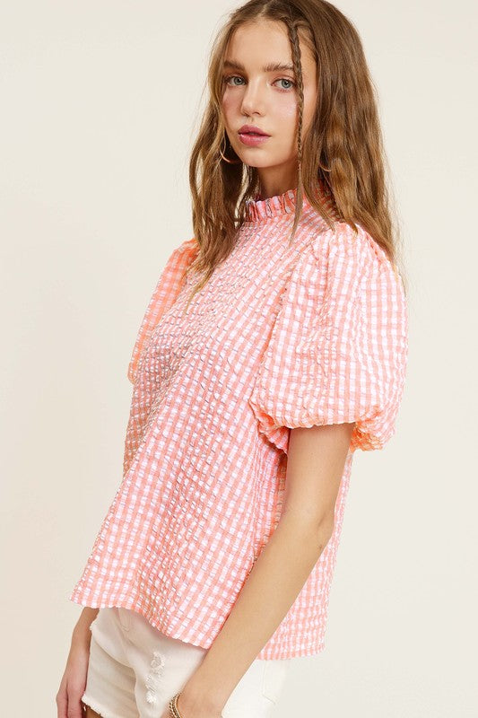 La Miel Gingham Check Print Puff Sleeve Top