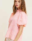 La Miel Gingham Check Print Puff Sleeve Top