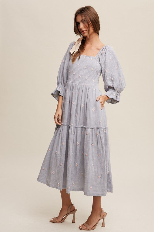 Listicle Ditzy Floral Embroidery Puff Sleeve Maxi Dress