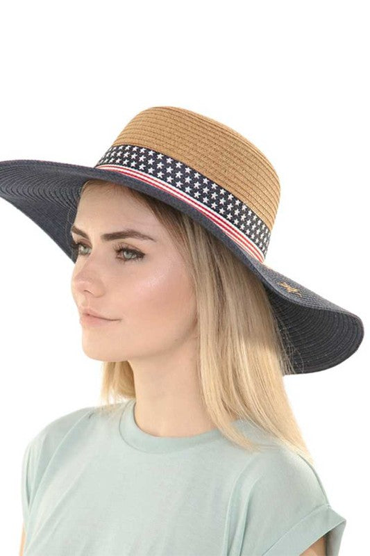 Americana Flag Printed Straw Floppy Sun Hat