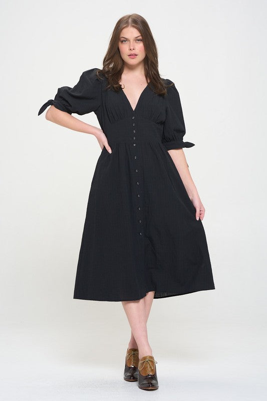 Jade By Jane 3/4 Puff Sleeve Button Down Midi Dress PLUS