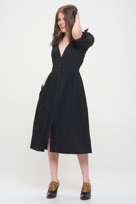 Jade By Jane 3/4 Puff Sleeve Button Down Midi Dress PLUS