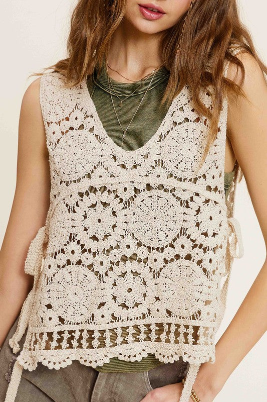 La Miel Self Side Tie Detailed Crochet Vest Top