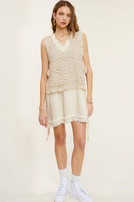 La Miel Self Side Tie Detailed Crochet Vest Top