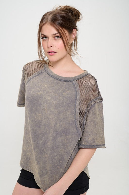 Jade By Jane Mineral Washed Short Sleeve Fishnet Shoulder Top