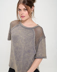 Jade By Jane Mineral Washed Short Sleeve Fishnet Shoulder Top