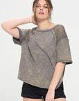 Jade By Jane Mineral Washed Short Sleeve Fishnet Shoulder Top