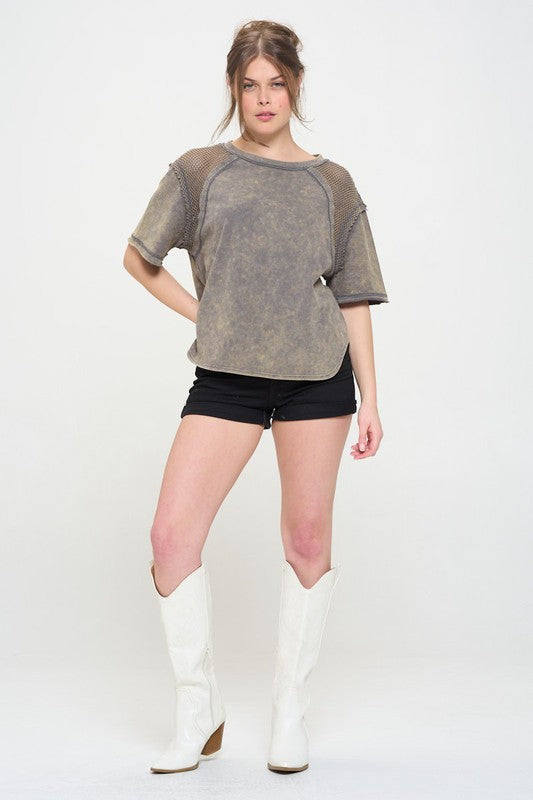 Jade By Jane Mineral Washed Short Sleeve Fishnet Shoulder Top