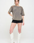 Jade By Jane Mineral Washed Short Sleeve Fishnet Shoulder Top