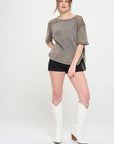 Jade By Jane Mineral Washed Short Sleeve Fishnet Shoulder Top