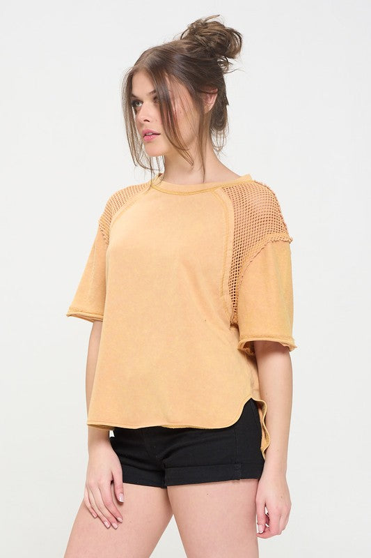 Jade By Jane PLUS Mineral Washed Short Sleeve Fishnet Top